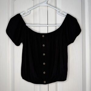 Forever 21 women’s Black Off-Shoulder Button-Front Women's Crop Top S?